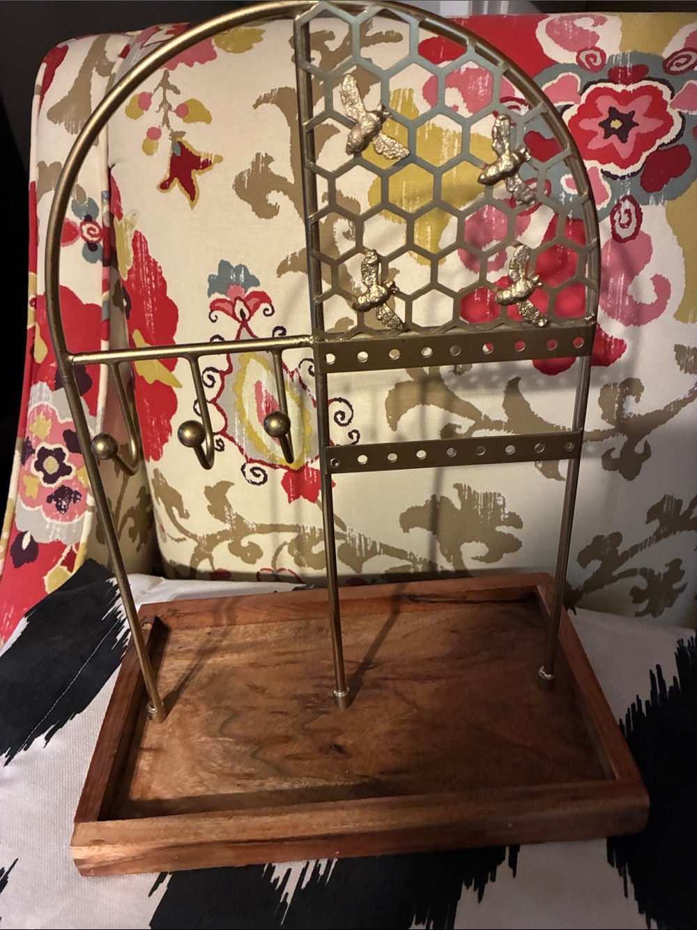 Gold Metal & Wood Jewelry Organizer Stand - Home Storage & Organization